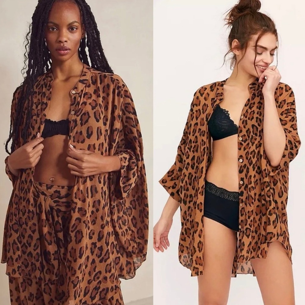 Free People Intimately Wake Up Shirt in Timeless Leopard Oversized Size XS Sheer